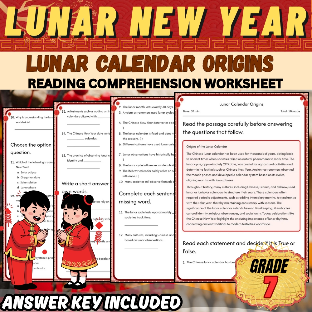 Grade 7 Chinese New Year Unit | Holidays & Cultural Celebrations Worksheet Pack — included worksheet 2