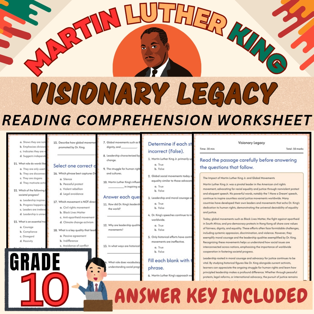 Grade 10 Seasonal Martin Luther King Legacy Worksheet for Mastery|PDF+Answer Key