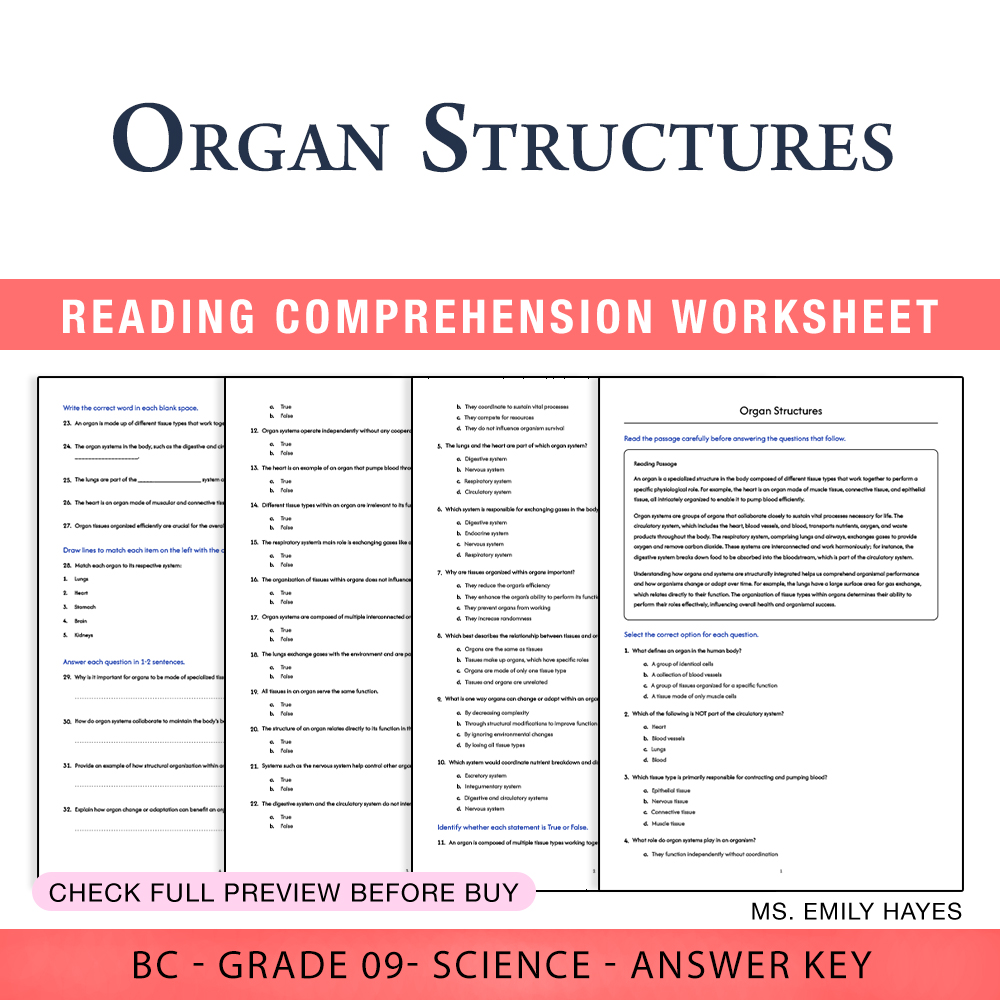 Grade 9 Science worksheet worksheet — Grade 9 Science | Organ Structures Worksheet (PDF+ Answer Key) — page 1