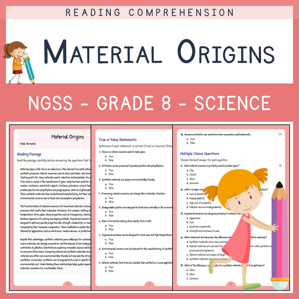 Grade 8 Science worksheet worksheet — Grade 8 Science | Material Origins Worksheet (Answer Key) – NGSS Aligned — page 1