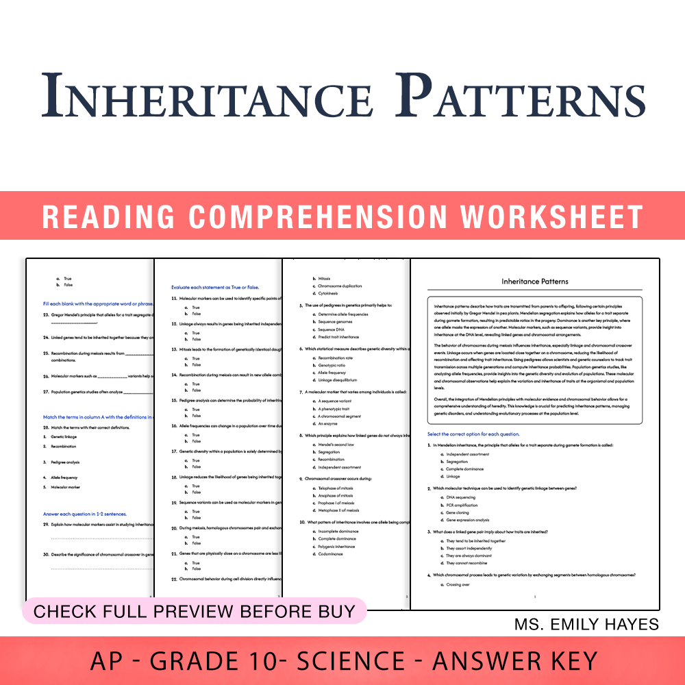 Grade 10 Science worksheet worksheet — 10th Grade Science | Inheritance Patterns Worksheet (PDF+ Answer Key) — page 1