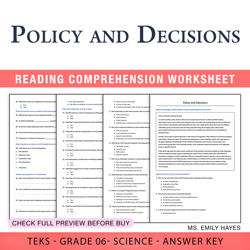 Grade 6 Science worksheet worksheet — 6th Grade Science | Policy and Decisions Worksheet (PDF+ Answer Key) — page 1