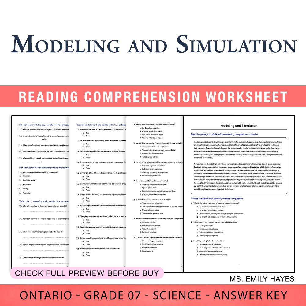 Grade 7 Science worksheet worksheet — 7th Grade Science | Modeling and Simulation Worksheet (PDF+ Answer Key) — page 1