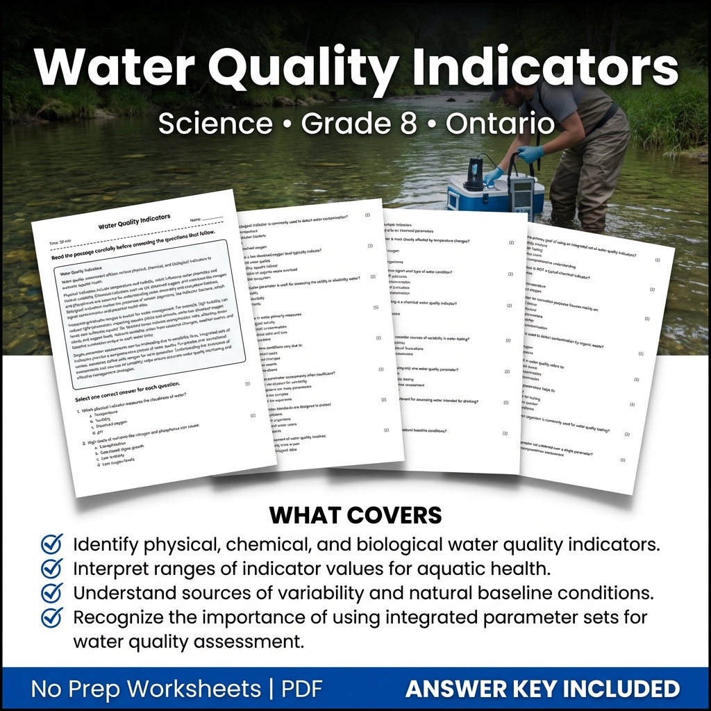 Water Quality Indicators Grade 8 Science Worksheet | Ontario Standards