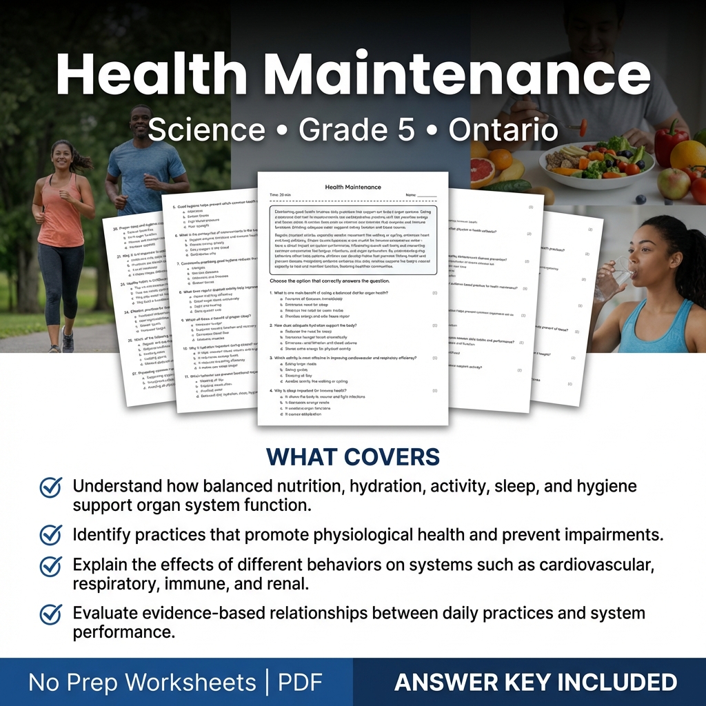 Health Maintenance Worksheet for Grade 5 Science Ontario Standards