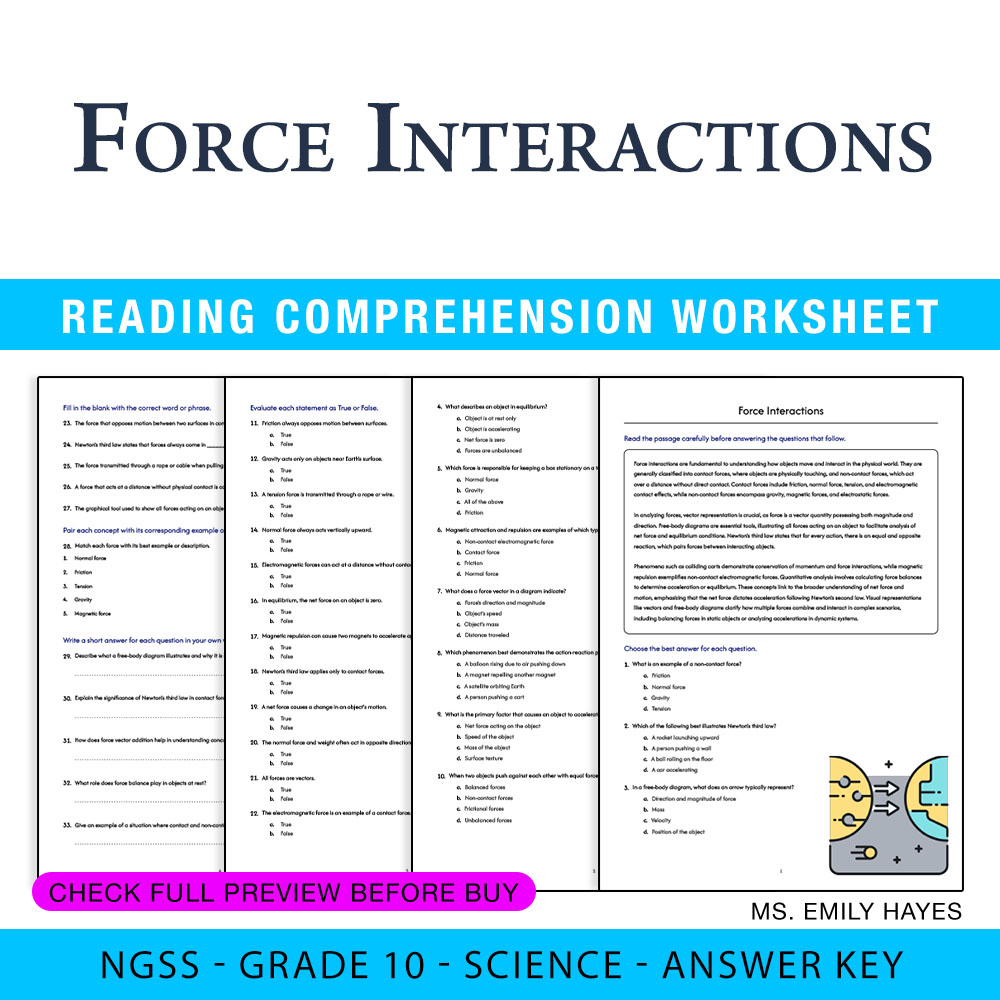 Grade 10 Science worksheet worksheet — 10th Grade Science | Force Interactions Worksheet (PDF+ Answer Key) — page 1