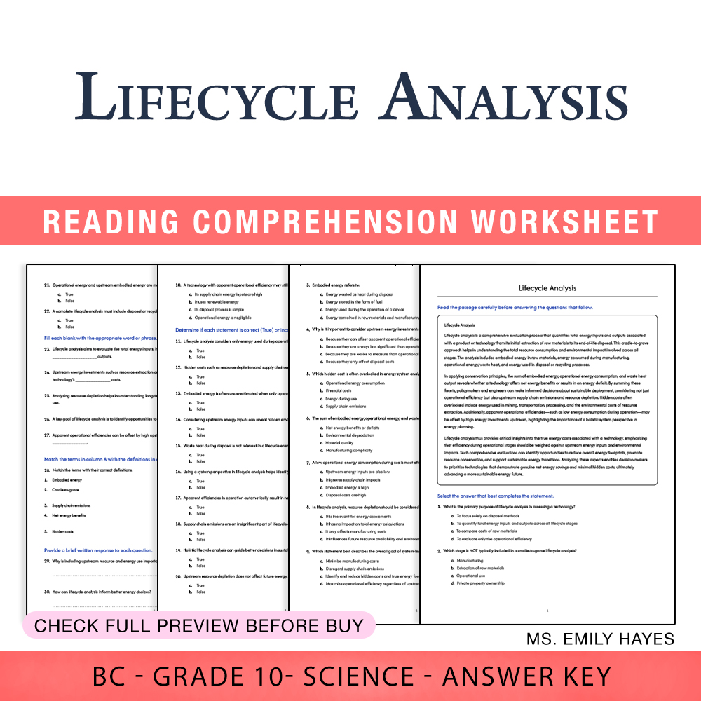 Grade 10 Science worksheet worksheet — 10th Grade Science | Lifecycle Analysis Worksheet (PDF + Answer Key) — page 1