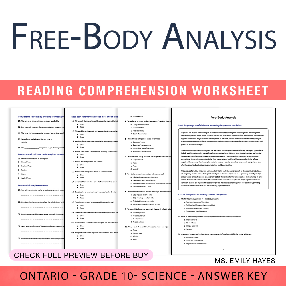 Grade 10 Science worksheet worksheet — Grade 10 Science | Free-Body Analysis Worksheet (PDF + Answer Key) — page 1