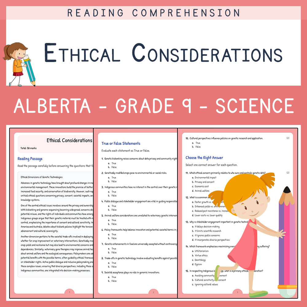 Grade 9 Science worksheet elena worksheet — Grade 9 Science | Ethical Considerations Worksheet | Alberta Standards — page 1