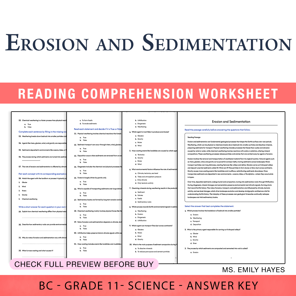 Grade 11 Science worksheet worksheet — 11th Grade Science | Erosion and Sedimentation Worksheet (PDF + Answer Key) — page 1