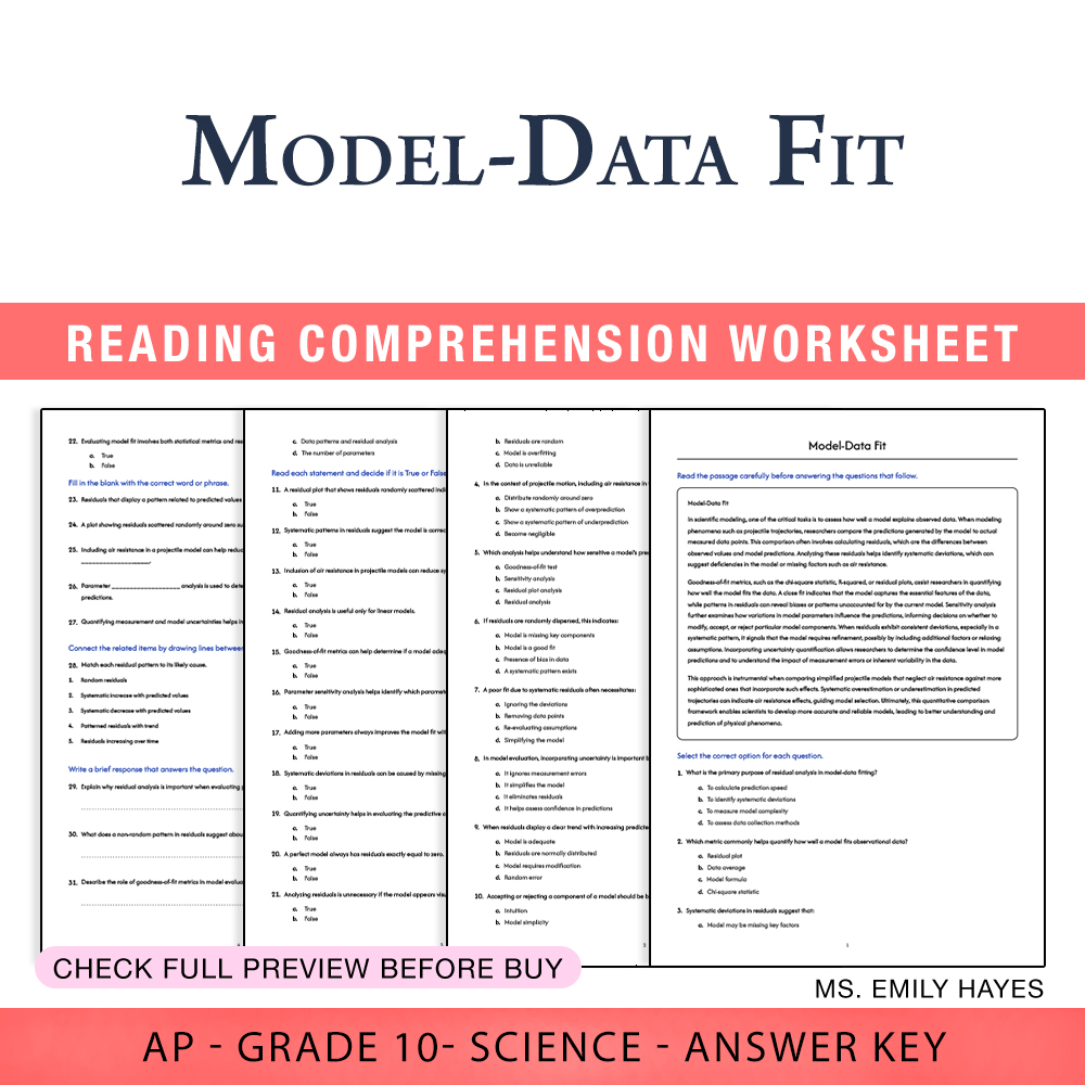 Grade 10 Science worksheet worksheet — 10th Grade Science | Model-Data Fit Worksheet (PDF+ Answer Key) — page 1