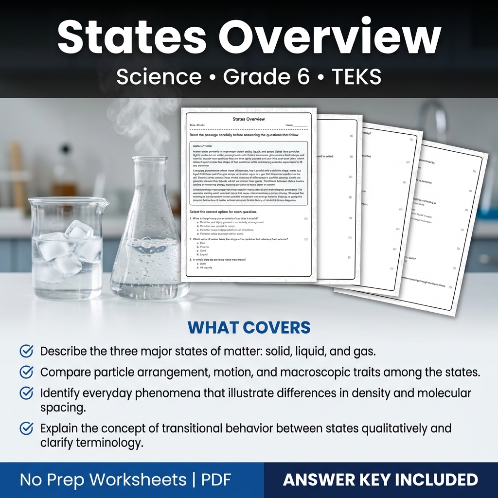 States Overview Science Worksheet Grade 6 TEKS | Printable PDF & Answer Key