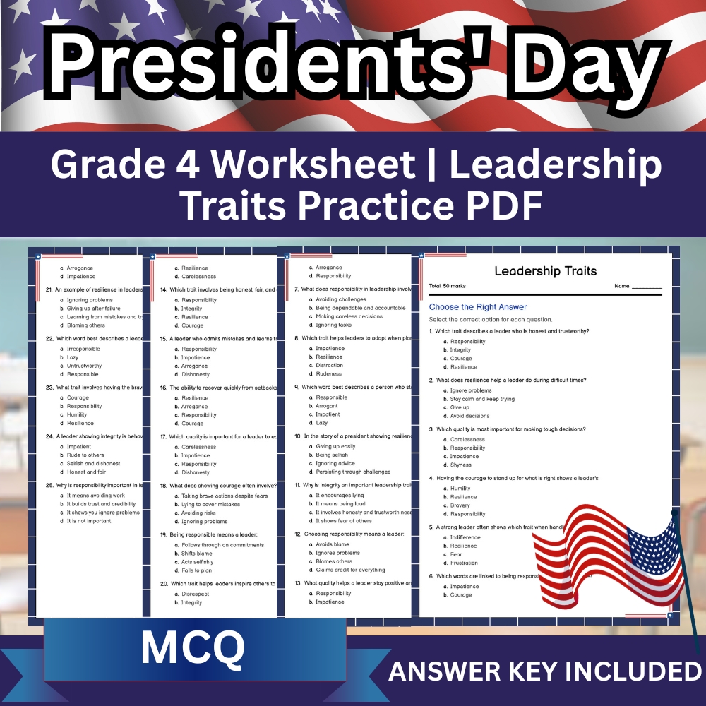 Grade 4 Seasonal Worksheet | Leadership Traits Multiple Choice Activity (Printable PDF)