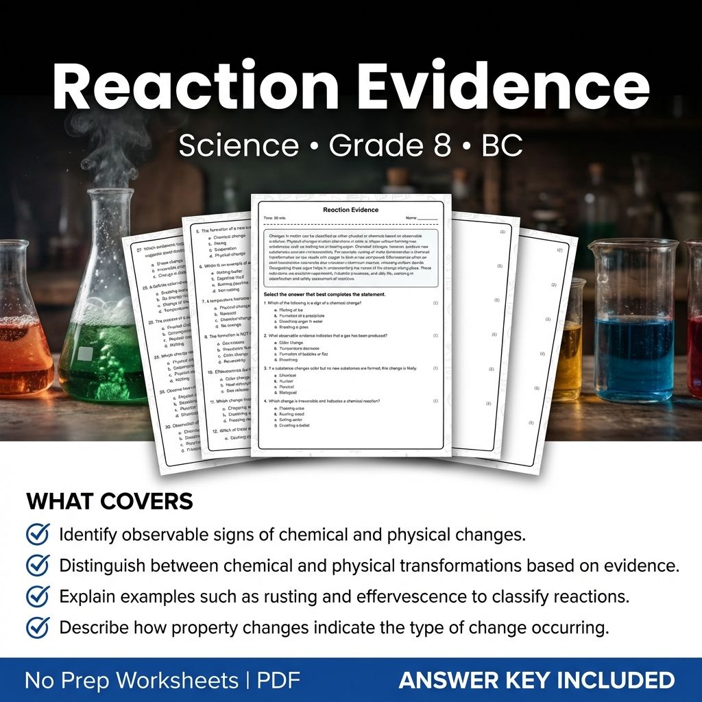 8th Grade Science | Reaction Evidence Worksheet & Answer Key (Printable PDF)