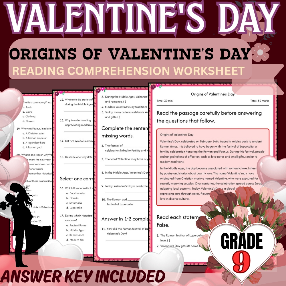 Grade 9 Holiday Unit | Valentine’s Day Worksheets  (Answer Keys Included) — included worksheet 3