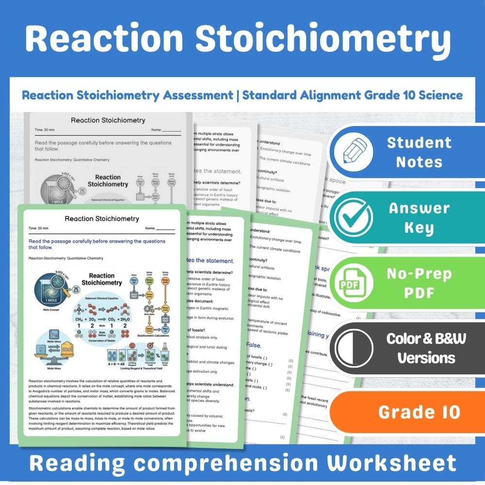 Grade 10 Science assessment worksheet — Reaction Stoichiometry Assessment | Standard Alignment Grade 10 Science — page 1