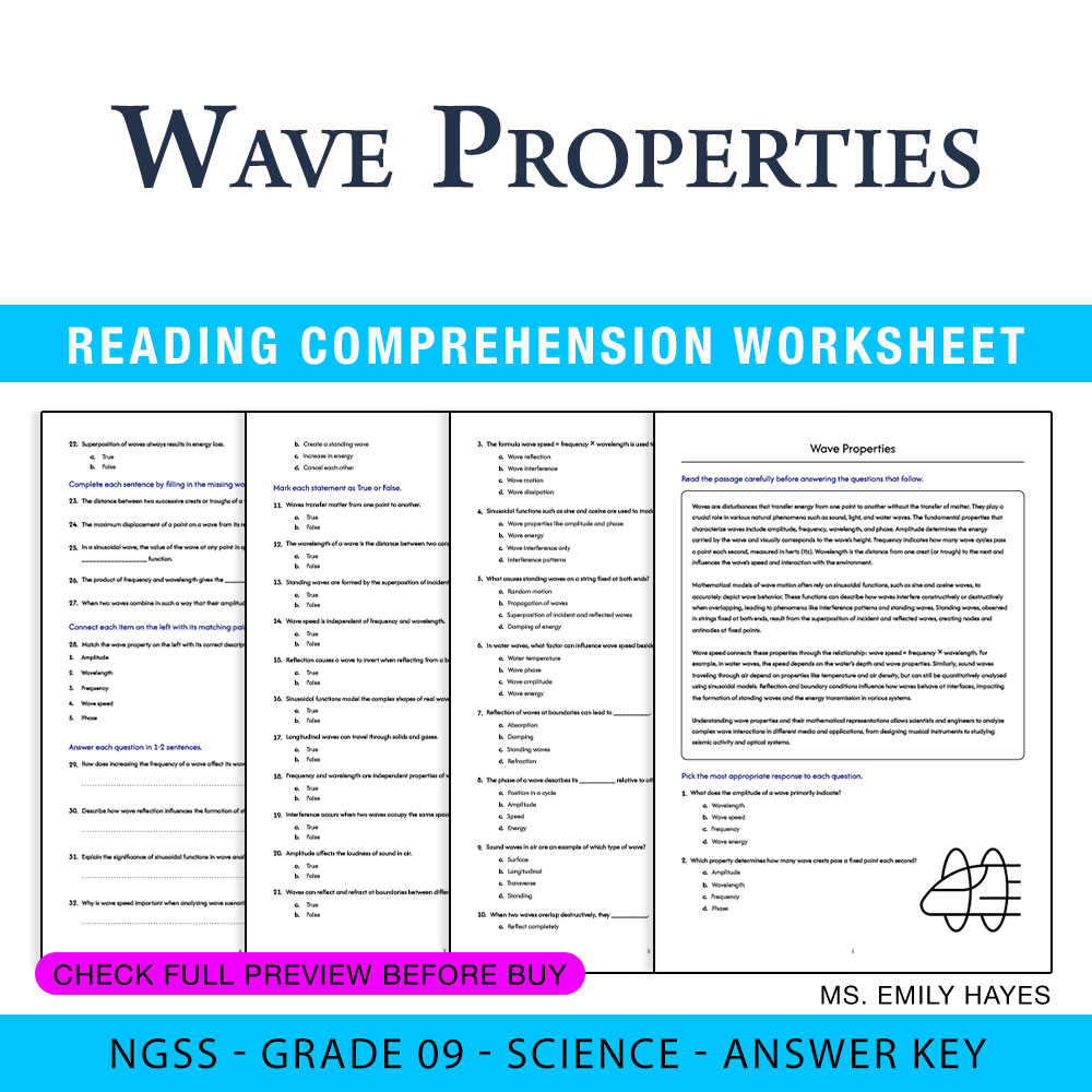 Grade 9 Science worksheet worksheet — 9th Grade Science | Wave Properties Worksheet (PDF+ Answer Key) — page 1
