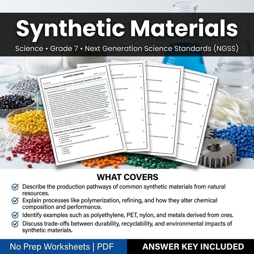 Grade 7 Science worksheet — 7th Grade Science | Synthetic Materials Worksheet & Answer Key (Printable PDF)