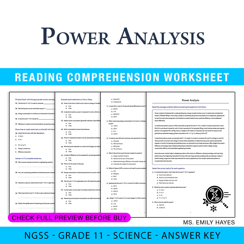 Grade 11 Science worksheet worksheet — Grade 11 Science | Power Analysis Worksheet (PDF+ Answer Key) — page 1