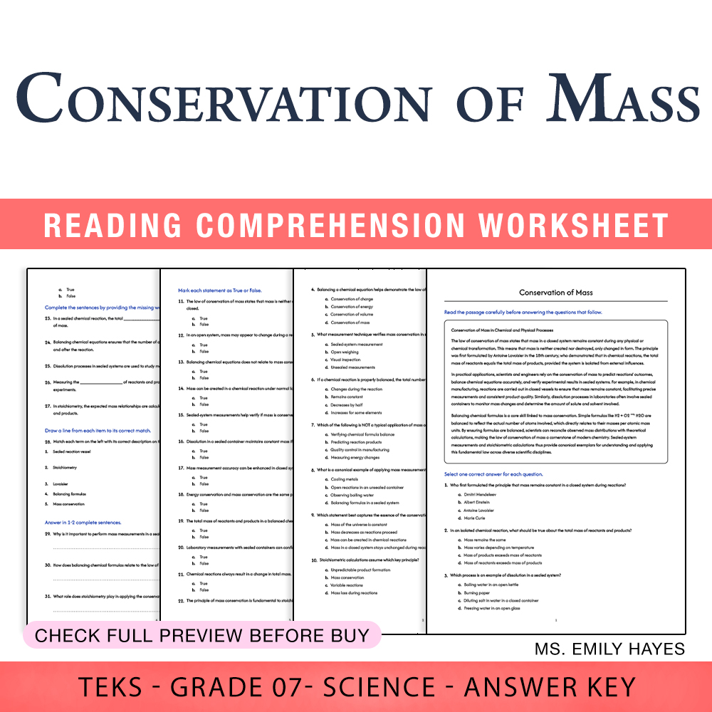 Grade 7 Science worksheet worksheet — 7th Grade Science | Conservation of Mass Worksheet (PDF + Answer Key) — page 1