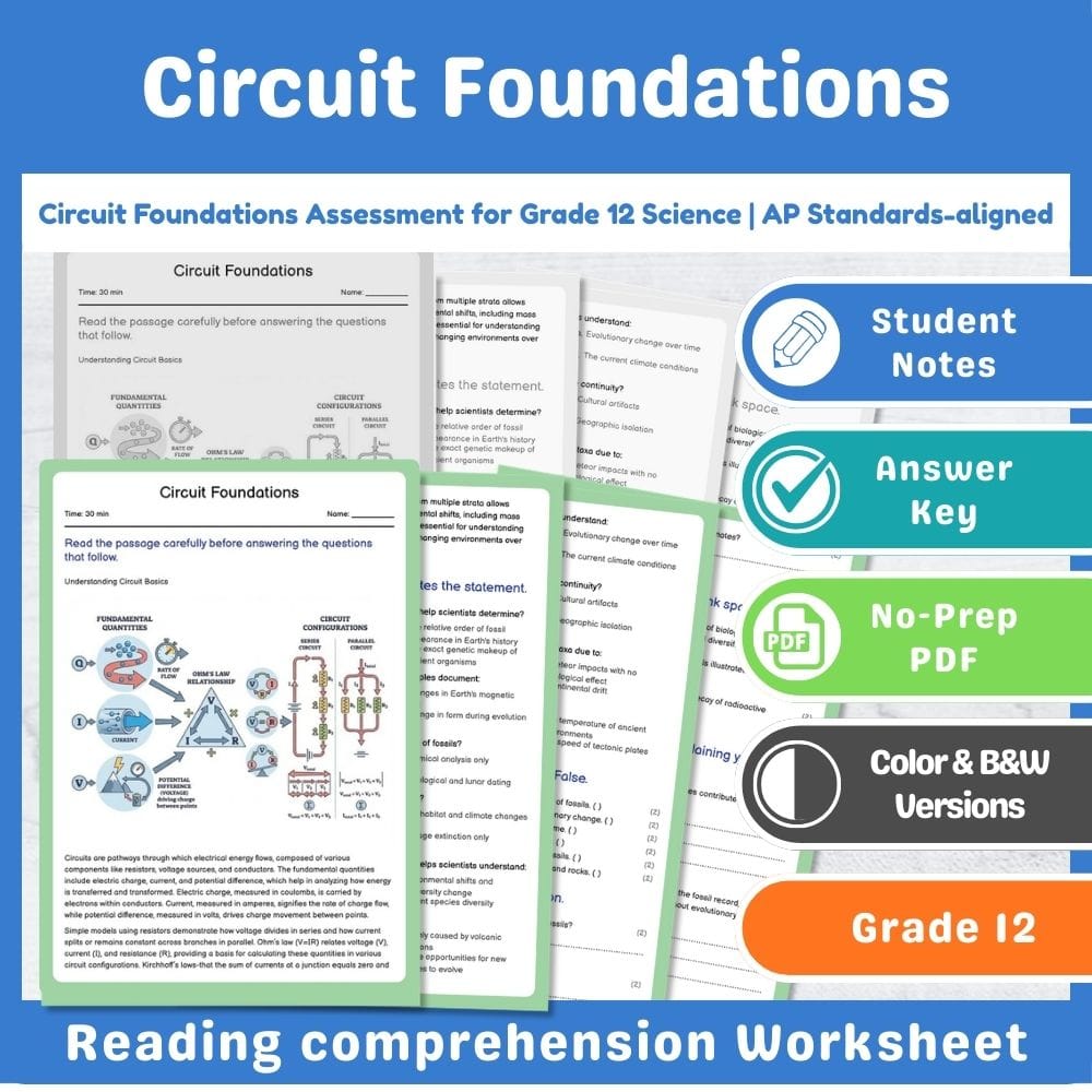 Grade 12 Science assessment worksheet — Circuit Foundations Assessment for Grade 12 Science | AP Standards-aligned — page 1