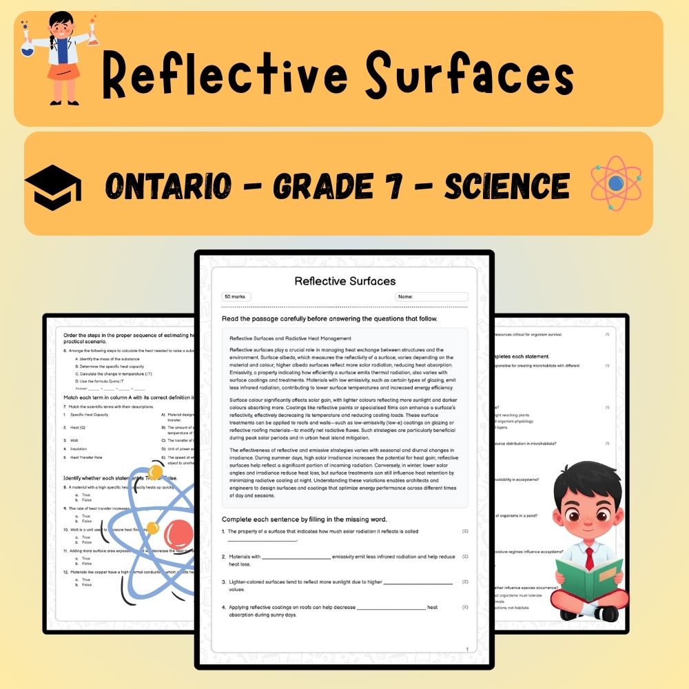 Grade 7 Science worksheet worksheet — Grade 7 Science Worksheet | Reflective Surfaces & Heat Management (PDF) — page 1