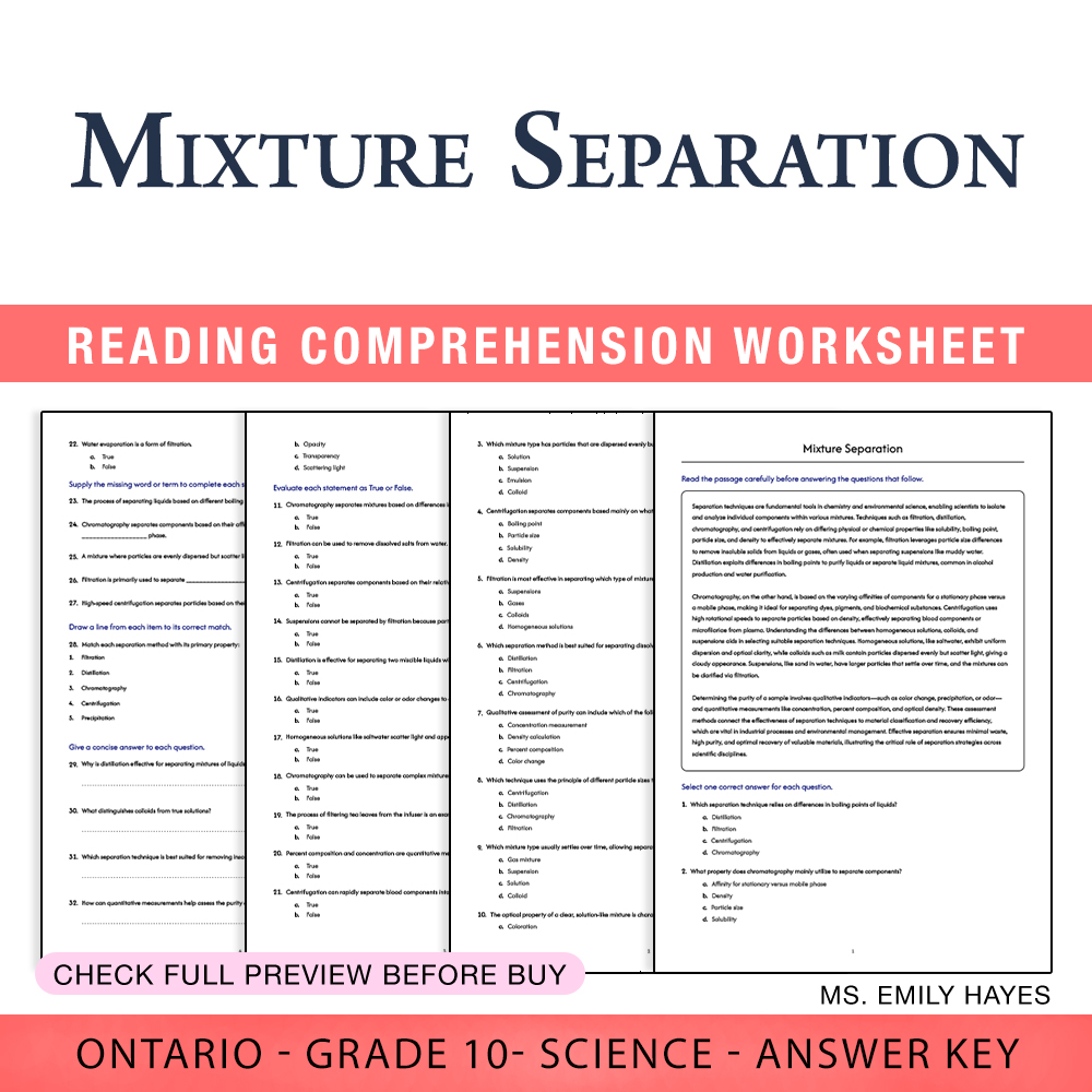 Grade 10 Science worksheet worksheet — Grade 10 Science | Mixture Separation Worksheet (PDF + Answer Key) — page 1