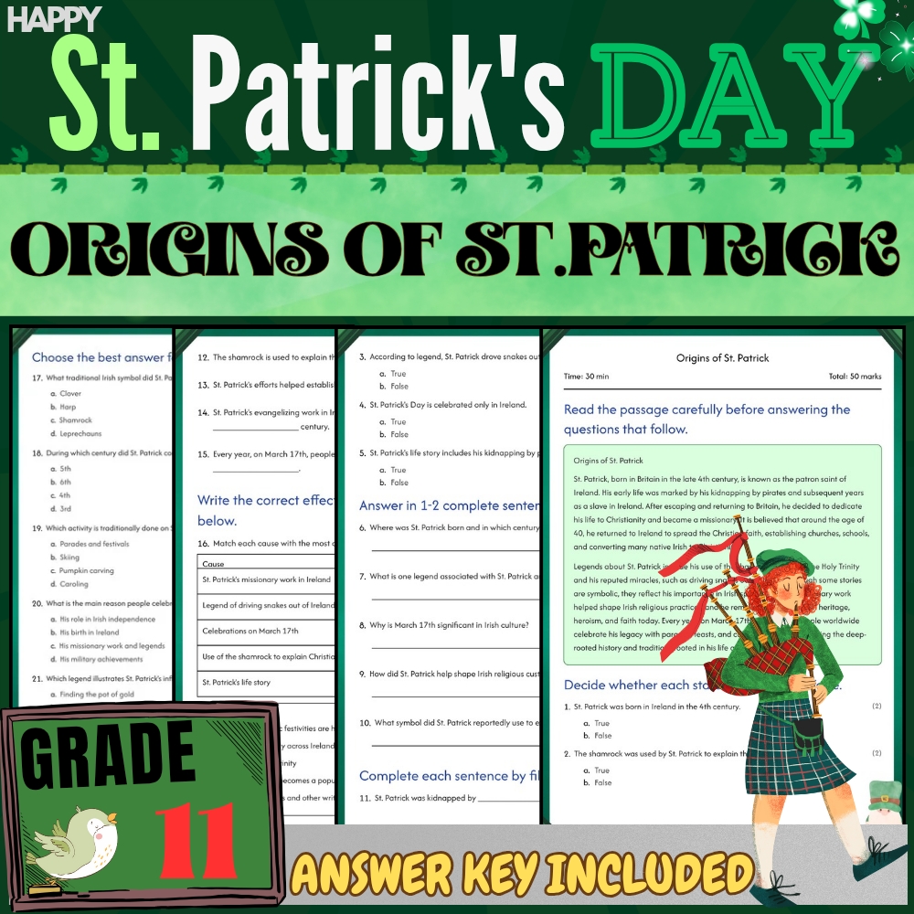 Grade11 Seasonal|Irish Symbols & St. Patrick’s Day Worksheet Bundle(Answer Keys) — included worksheet 3