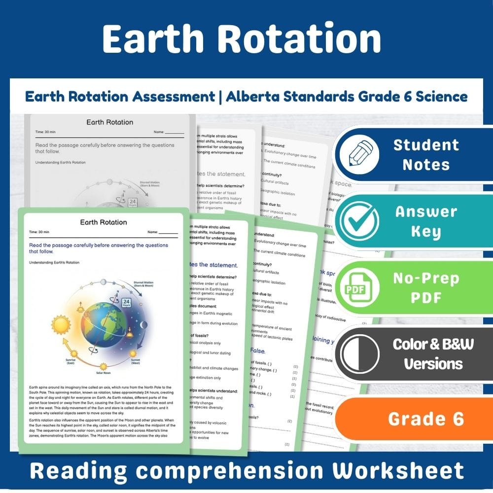 Grade 6 Science assessment worksheet — Earth Rotation Assessment | Alberta Standards Grade 6 Science — page 1