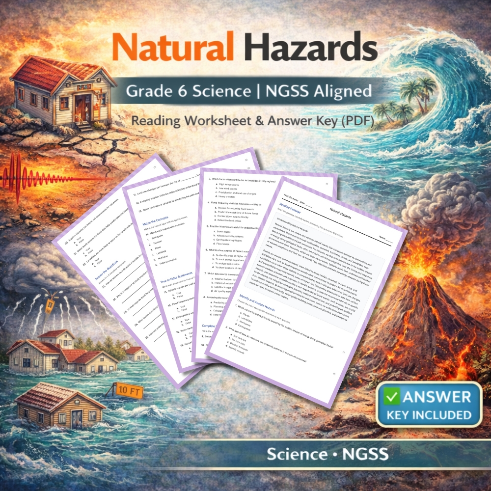 6th Grade Science | Natural Hazards (Worksheet + Answer Key) NGSS Aligned