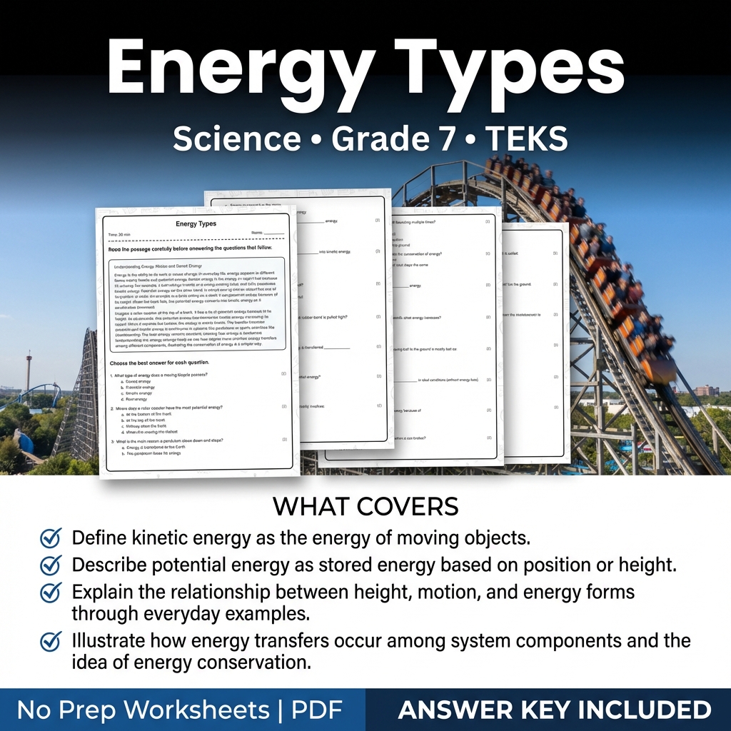 Energy Types Science Worksheet for Grade 7 | TEKS Standards Practice
