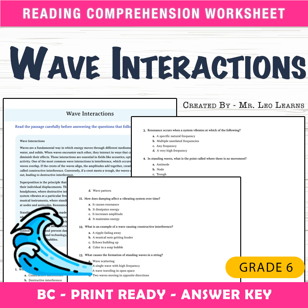 Grade 6 Science worksheet mcq paper worksheet — Grade 6 Science — Waves Interactions Worksheet MCQ Paper — page 1
