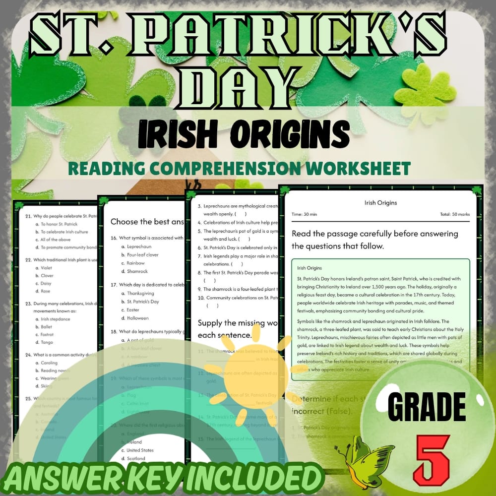 Grade 5 St. Patrick's Day Holiday Worksheets Bundle | March Custom Activities — included worksheet 1