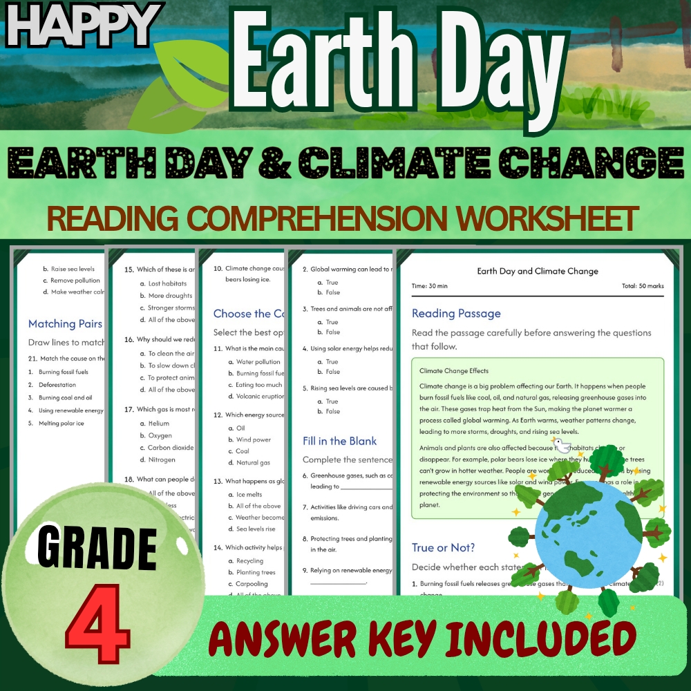 Grade 4 Seasonal Science UNIT Bundle | Earth Day & Climate Change Worksheets — included worksheet 1