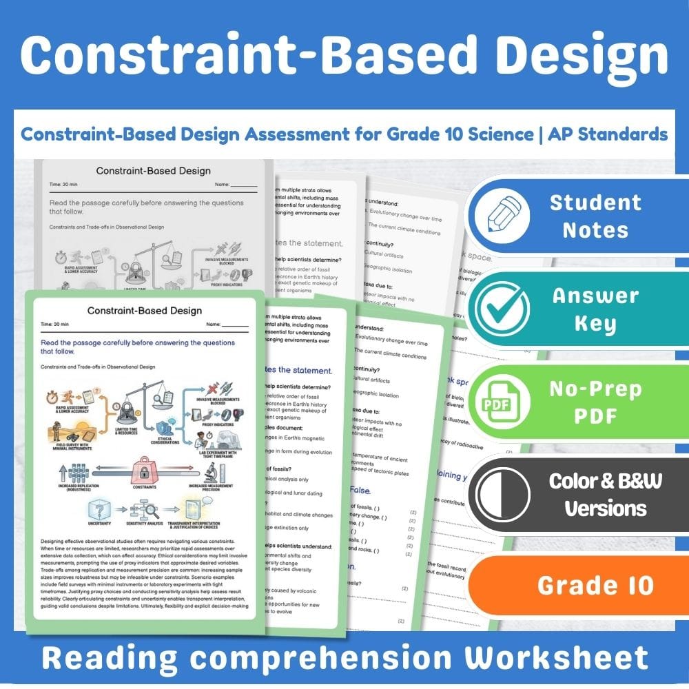 Grade 10 Science assessment worksheet — Constraint-Based Design Assessment for Grade 10 Science | AP Standards — page 1