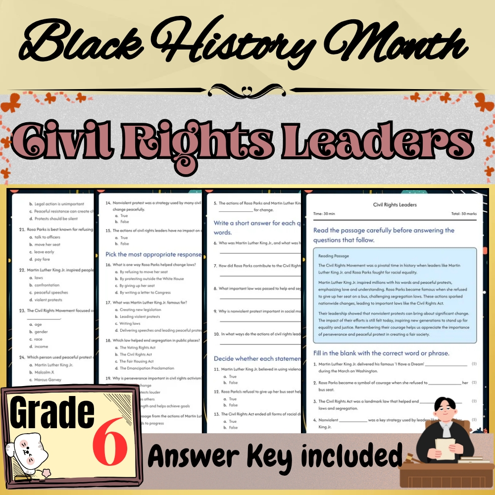 Grade 6 Social Studies – Civil Rights Leaders Worksheet  | PDF + Answer Key