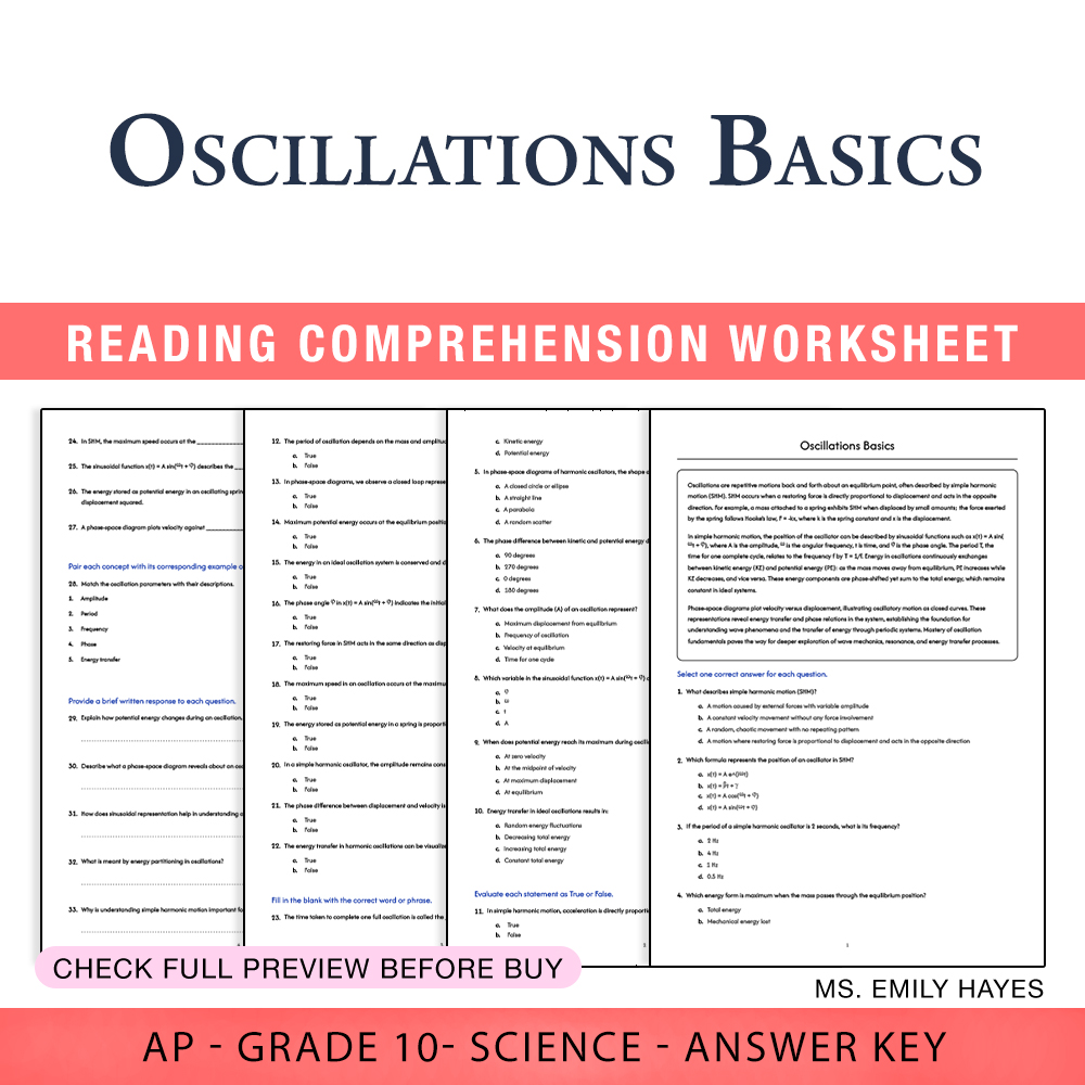 Grade 10 Science worksheet worksheet — 10th Grade Science | Oscillations Basics Worksheet (PDF+ Answer Key) — page 1