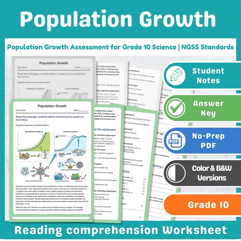 Grade 10 Science assessment worksheet — Population Growth Assessment for Grade 10 Science | NGSS Standards