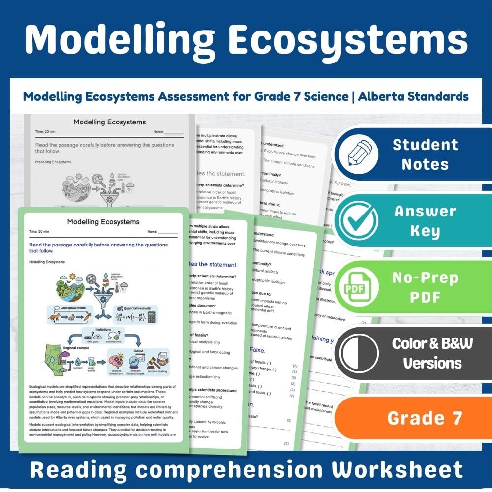 Grade 7 Science assessment worksheet — Modelling Ecosystems Assessment for Grade 7 Science | Alberta Standards — page 1