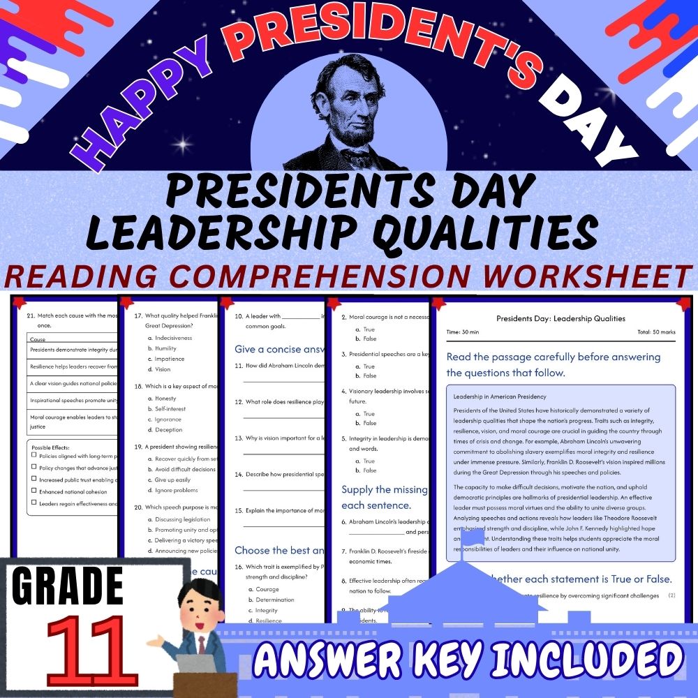 Grade 11| Presidents Day & Leadership Unit Worksheet Pack (Answer Key Included) — included worksheet 1