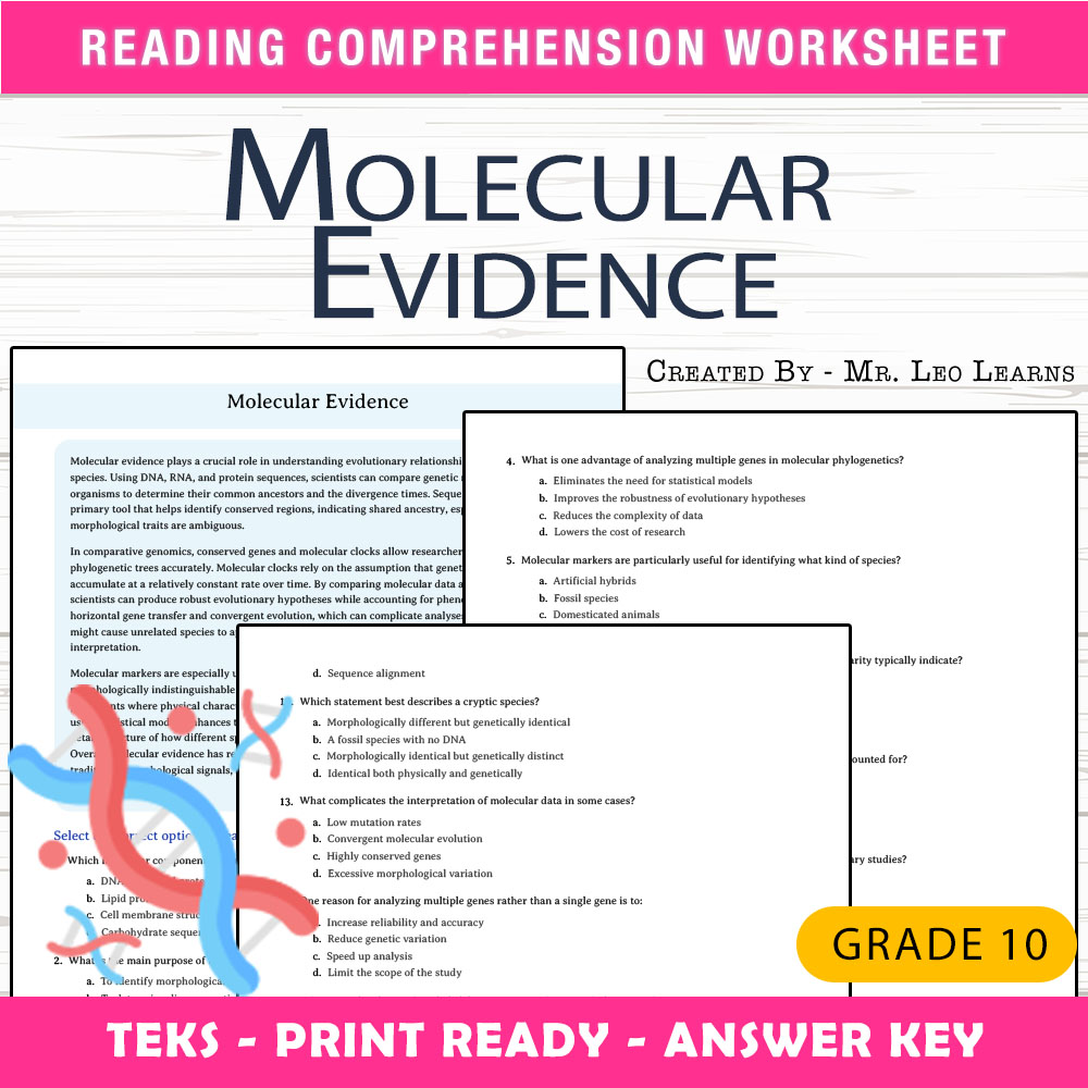 Grade 10 Science worksheet worksheet — Grade 10 Science – Molecular Evidence Worksheet for Mastery — page 1