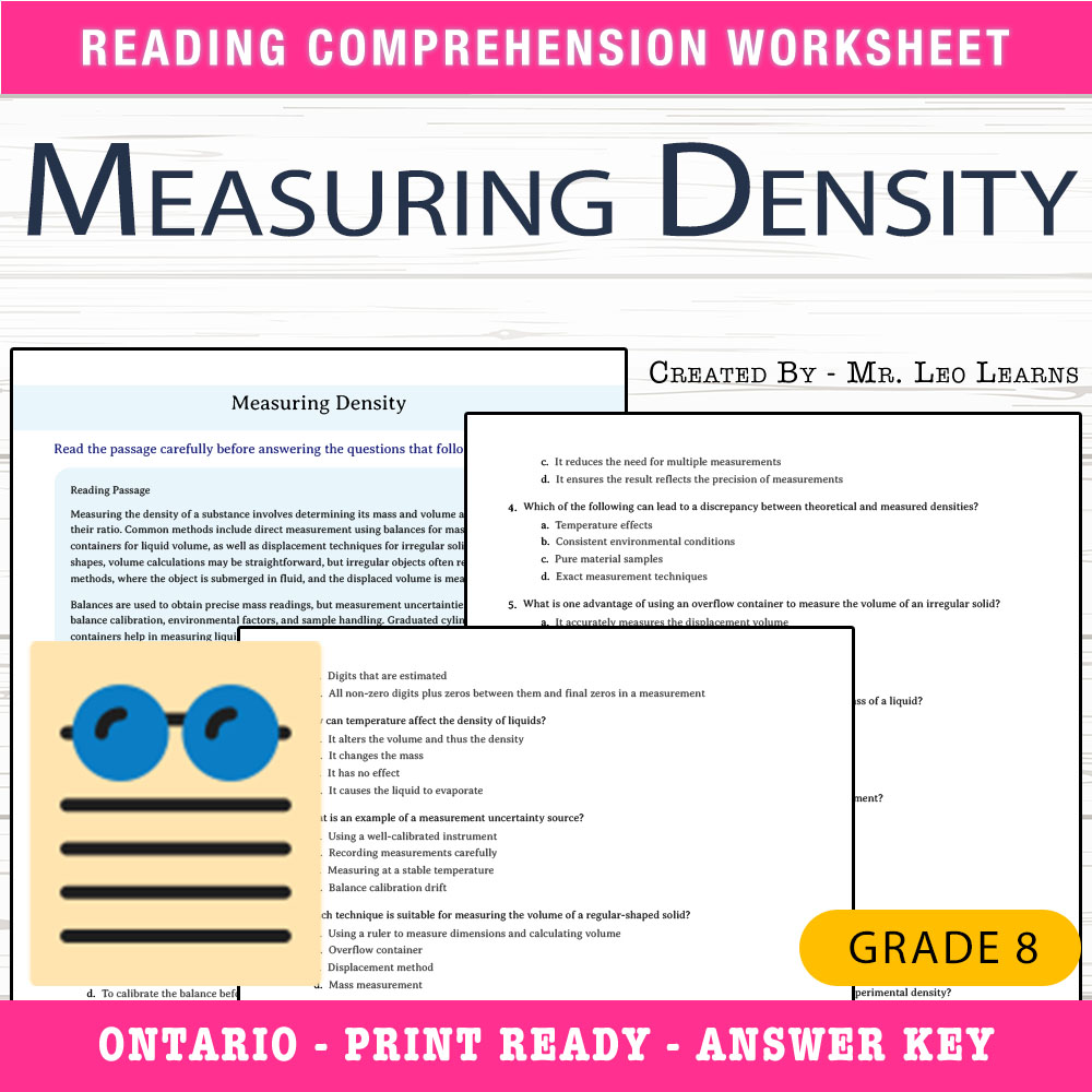 Grade 8 Science worksheet worksheet — Grade 8 Science — Measuring Density Worksheet for Mastery — page 1