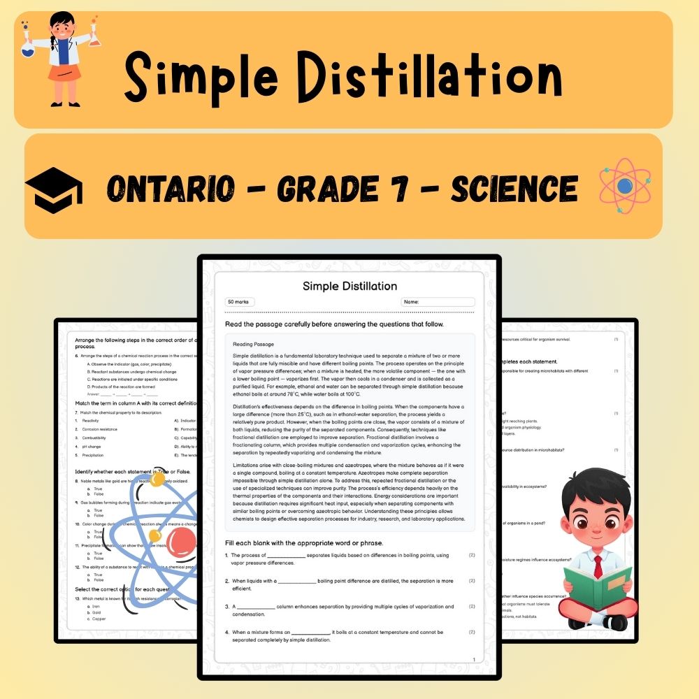 Grade 7 Science worksheet worksheet — Grade 7 Science | Simple Distillation Worksheet (PDF ) – Ontario Standards — page 1