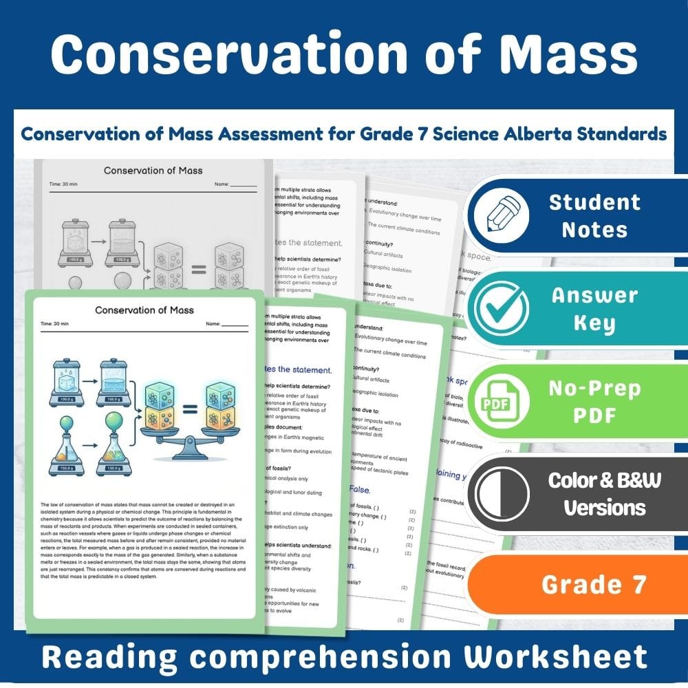 Grade 7 Science assessment worksheet — Conservation of Mass Assessment for Grade 7 Science Alberta Standards — page 1