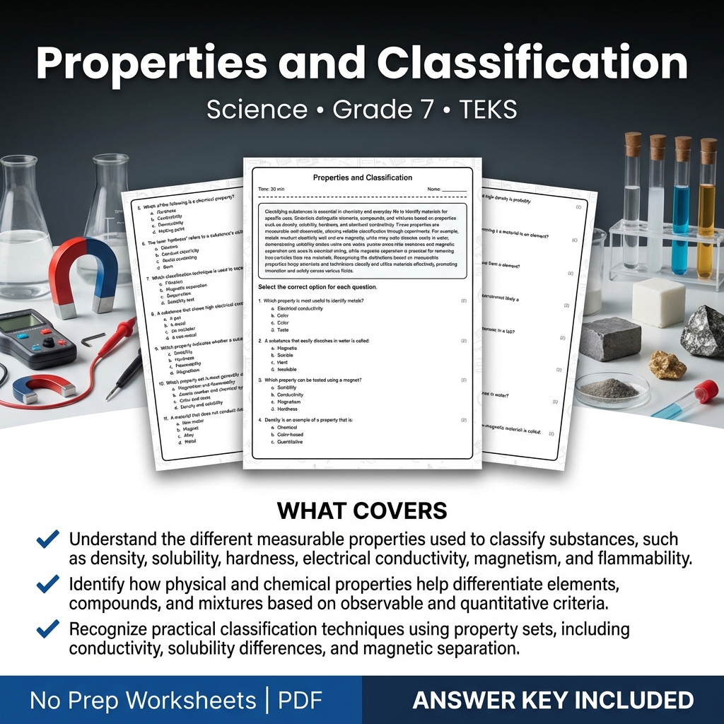 Grade 7 Science Properties and Classification Worksheet | TEKS Aligned PDF