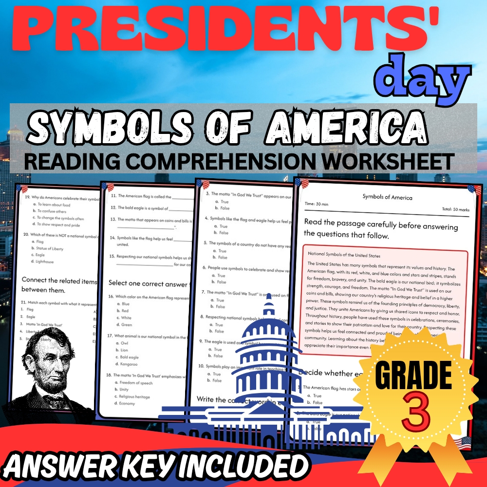 Grade 3 Presidents' Day Bundle Holiday & U.S. History Worksheets for Classrooms — included worksheet 1