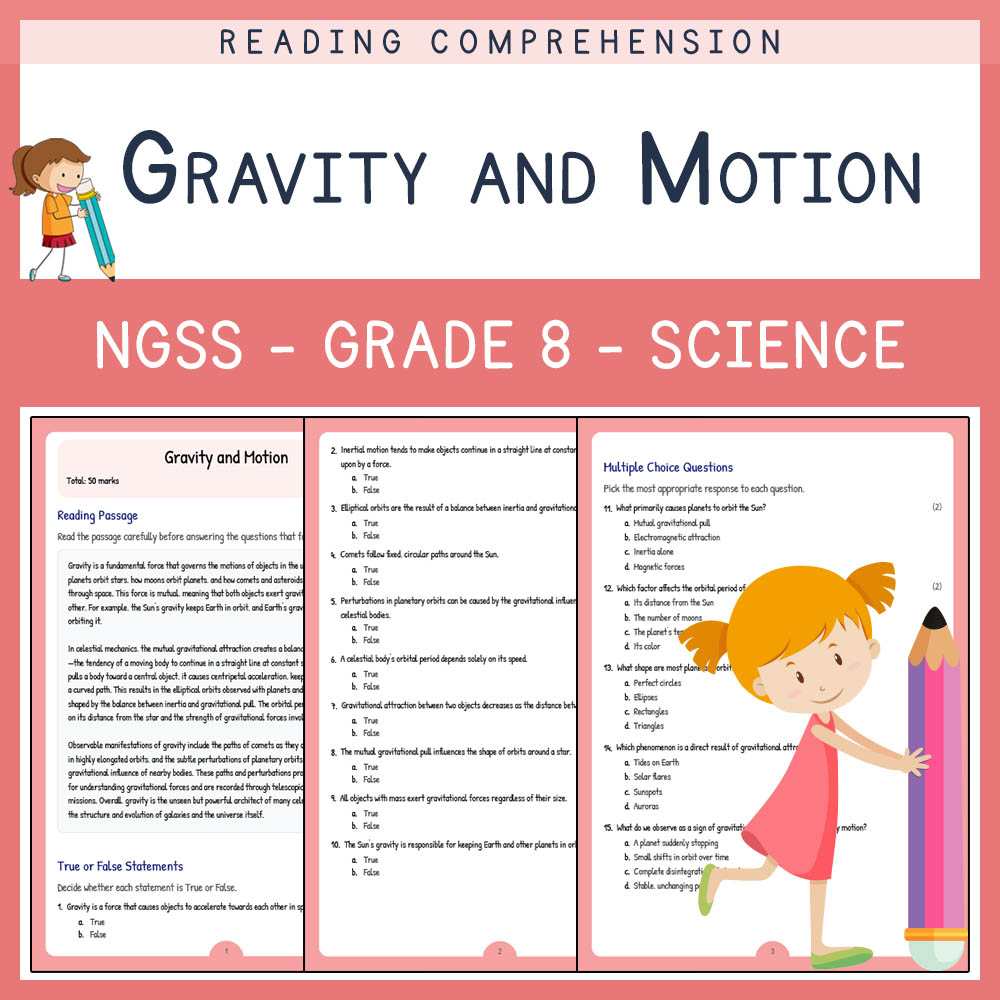 Grade 8 Science worksheet worksheet — Grade 8 Science | Gravity and Motion Worksheet (PDF Answer Key & Rubric) — page 1