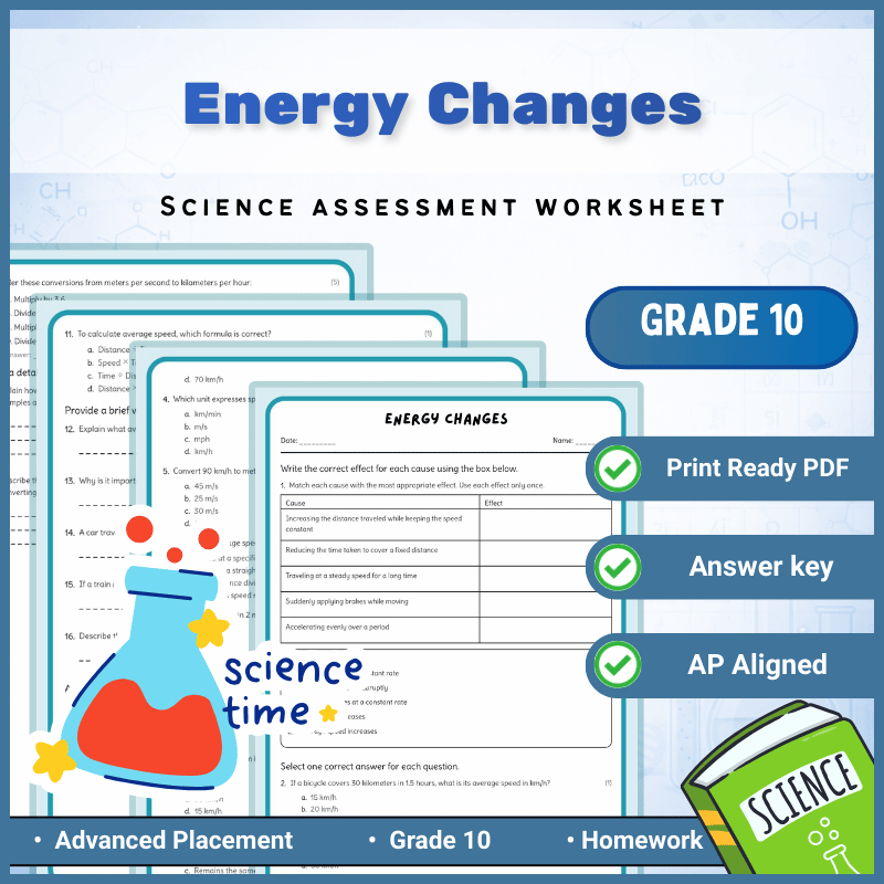 Grade 10 Science | Energy Changes Worksheet (AP Standard + Answer Key) (PDF)