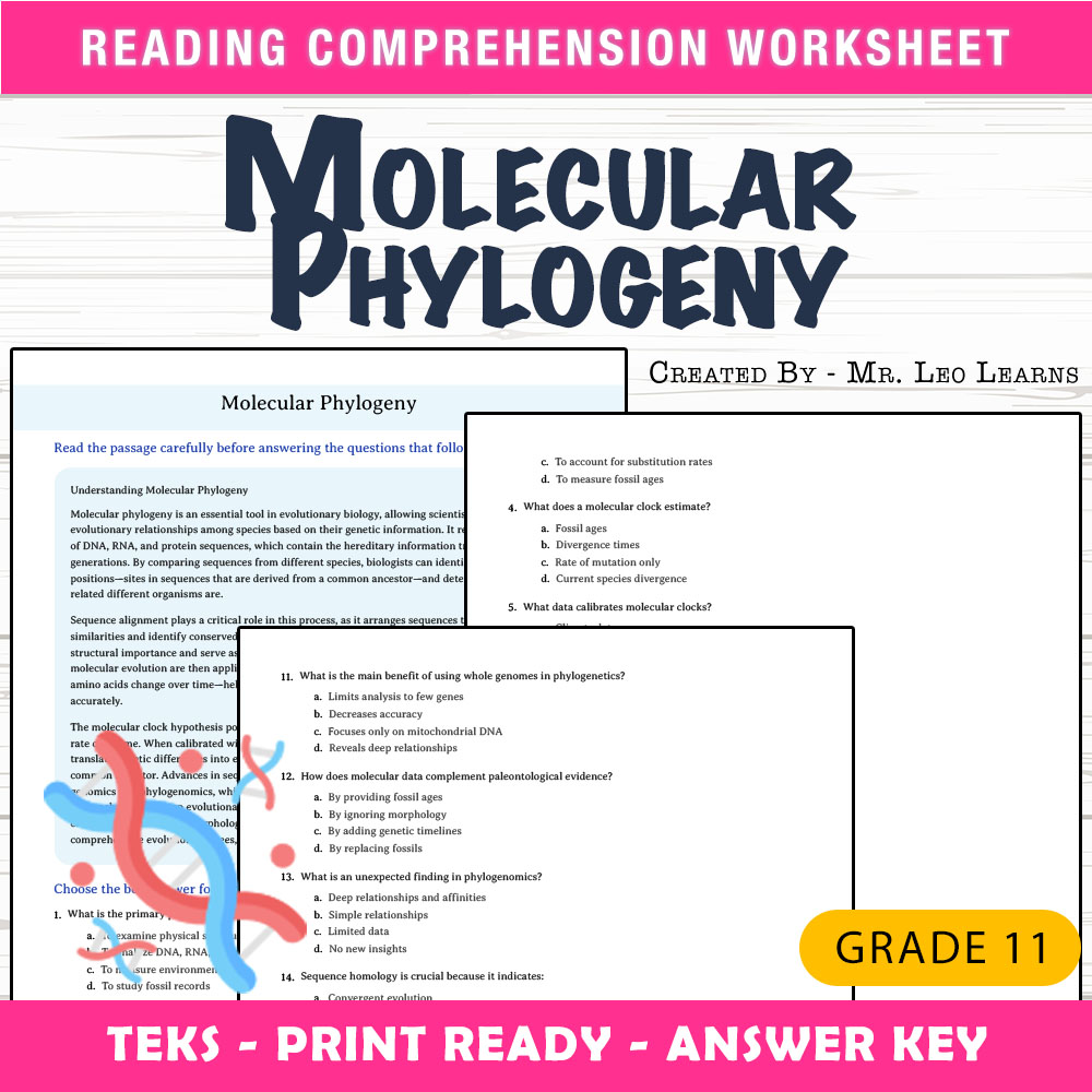 Grade 11 Science worksheet worksheet — Grade 11 Science – Molecular Phylogeny Worksheet for Mastery — page 1