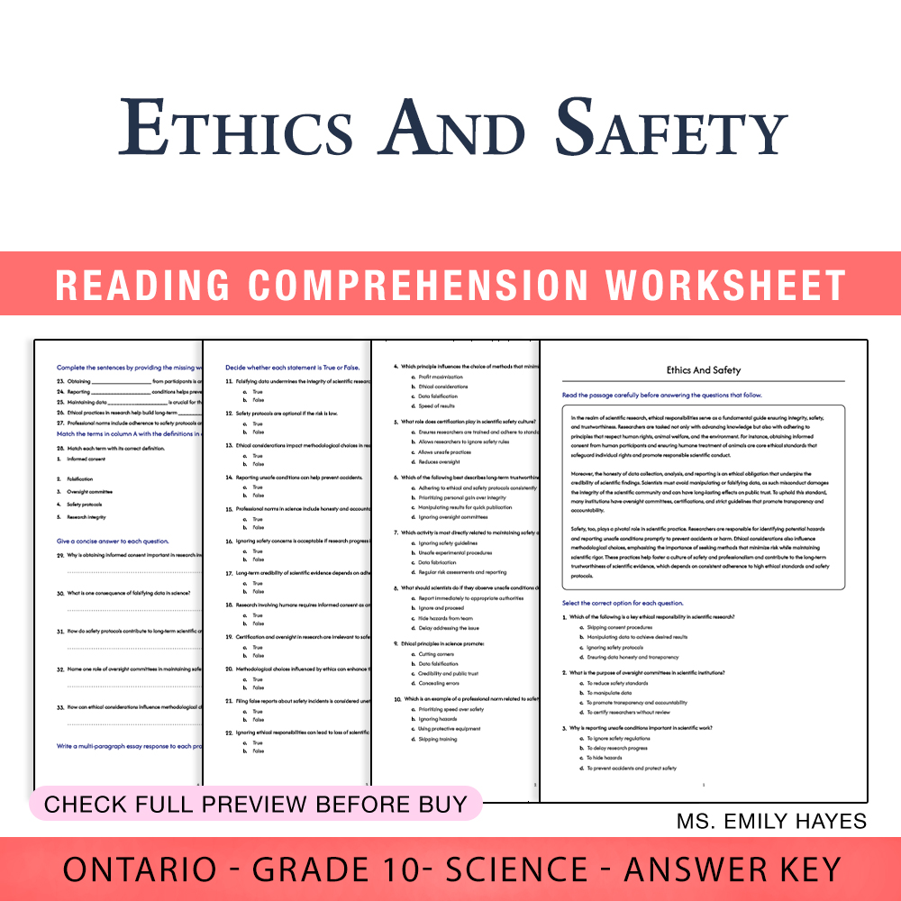 Grade 10 Science worksheet worksheet — 10th Grade Science | Ethics and Safety Worksheet (PDF + Answer Key) — page 1